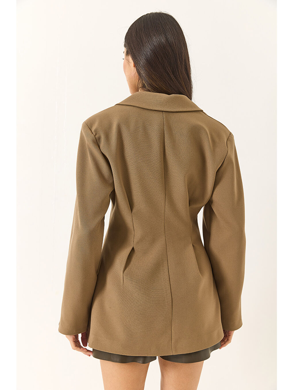 Yeşil Kadın Şal Yaka Bele Oturan Düğme Kapamalı Astarlı Viskon Blazer Ceket-6