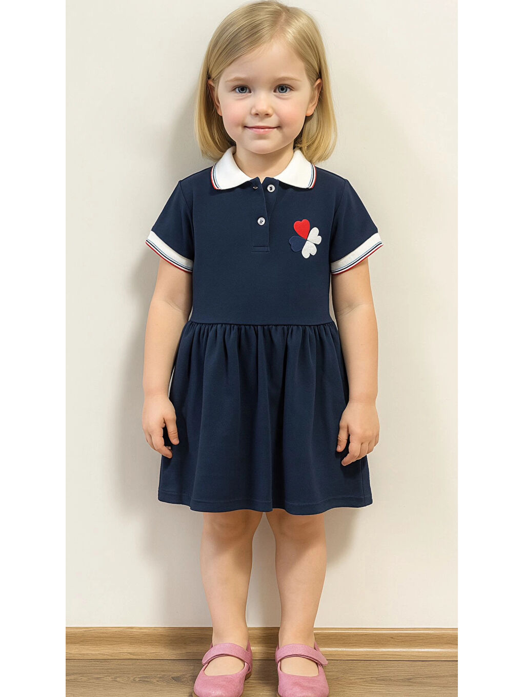 Lacivert Kalp Yonca Nakışlı Pike Elbise 50773