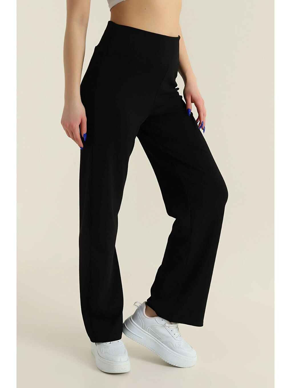 Siyah Kadın Ekstra Yüksek Bel Toparlayıcı Düz Paça Ribana Kumaş Esnek Spor Rahat Günlük Tayt-1