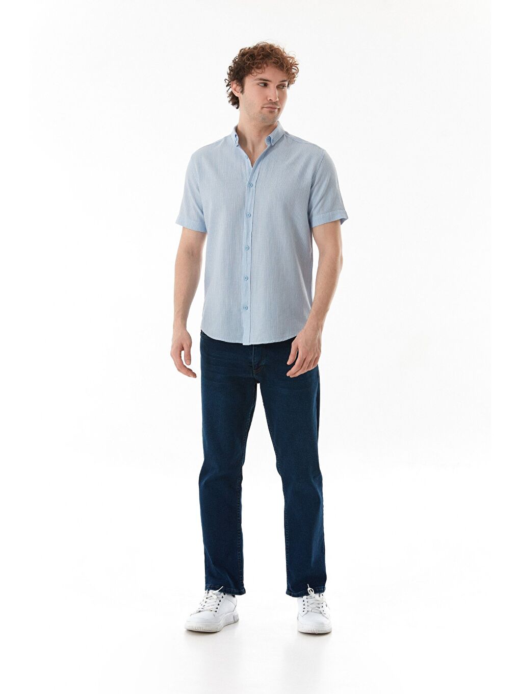 Mavi Çizgili Düğmeli Kısa Kollu Gömlek-1