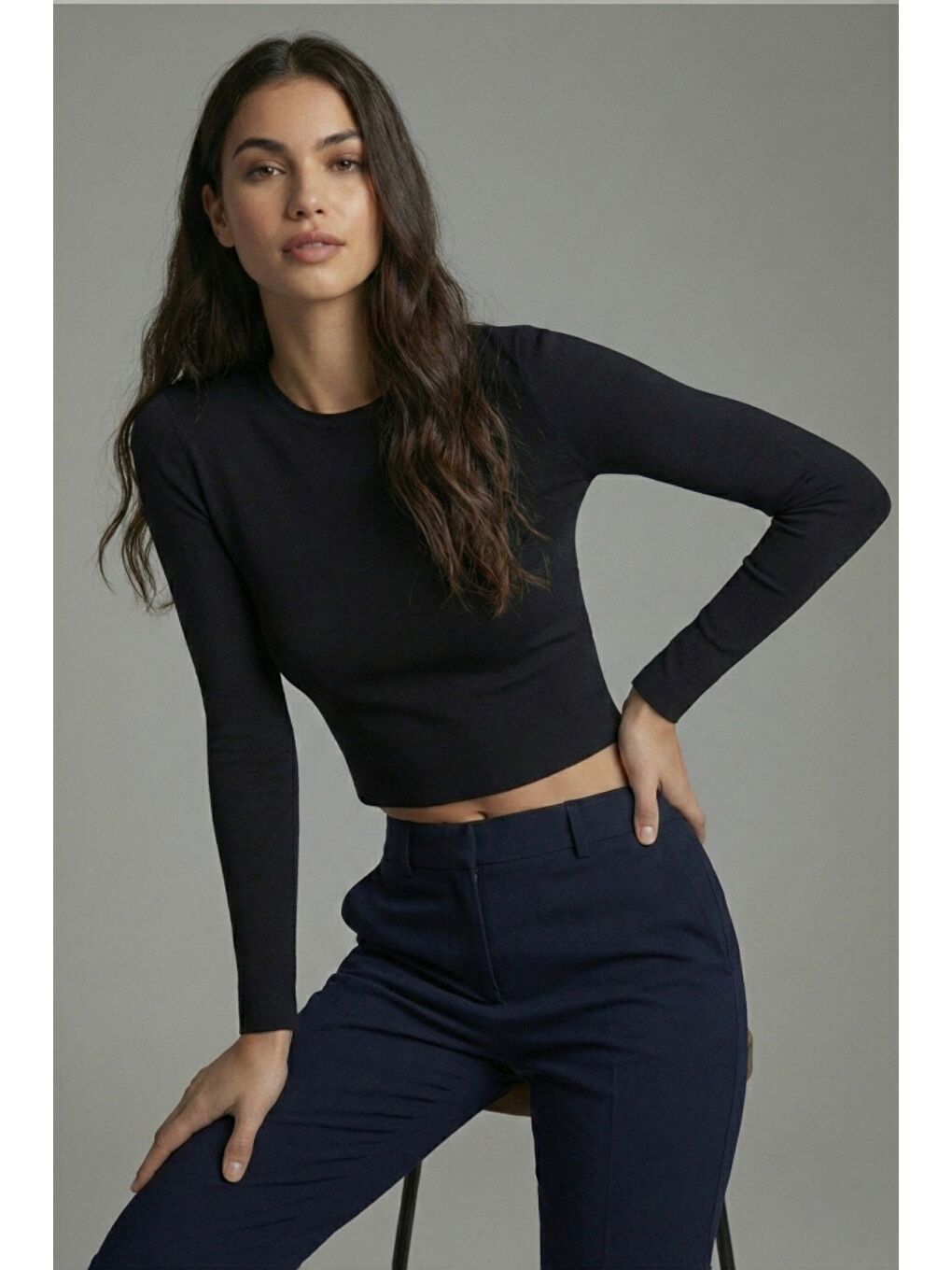 Siyah Premium Yumuşak Dokulu Esnek Örme Bisiklet Yaka Crop Bluz-5