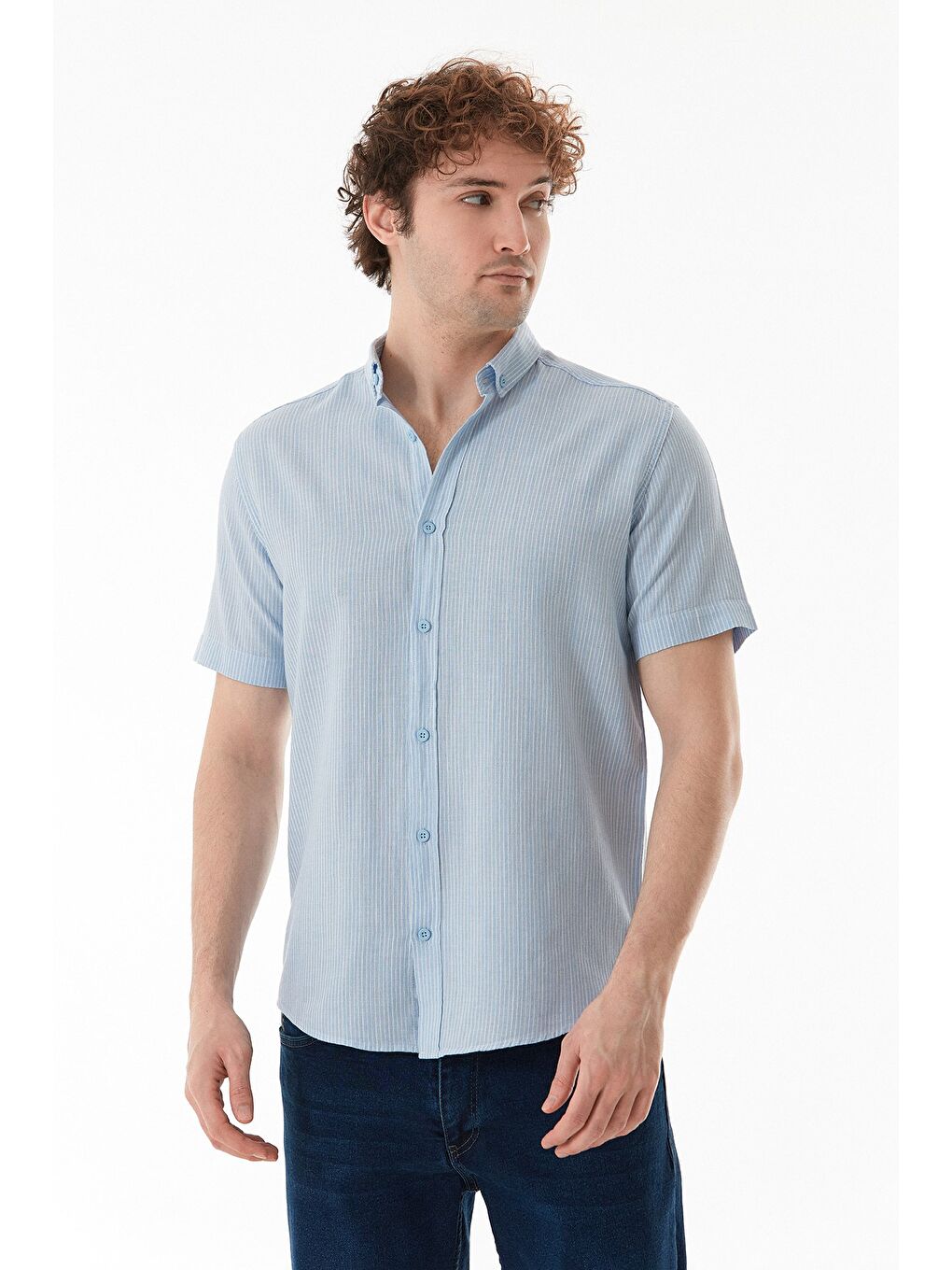 Mavi Çizgili Düğmeli Kısa Kollu Gömlek-2
