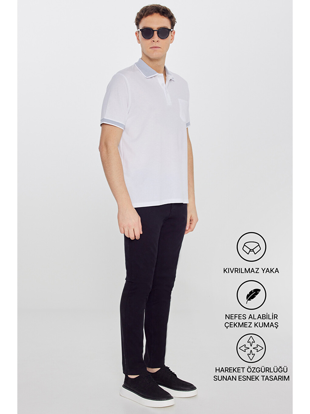 Erkek Beyaz-Beyaz Pamuklu Comfort Fit Rahat Kesim Polo Yaka Cepli Tişört