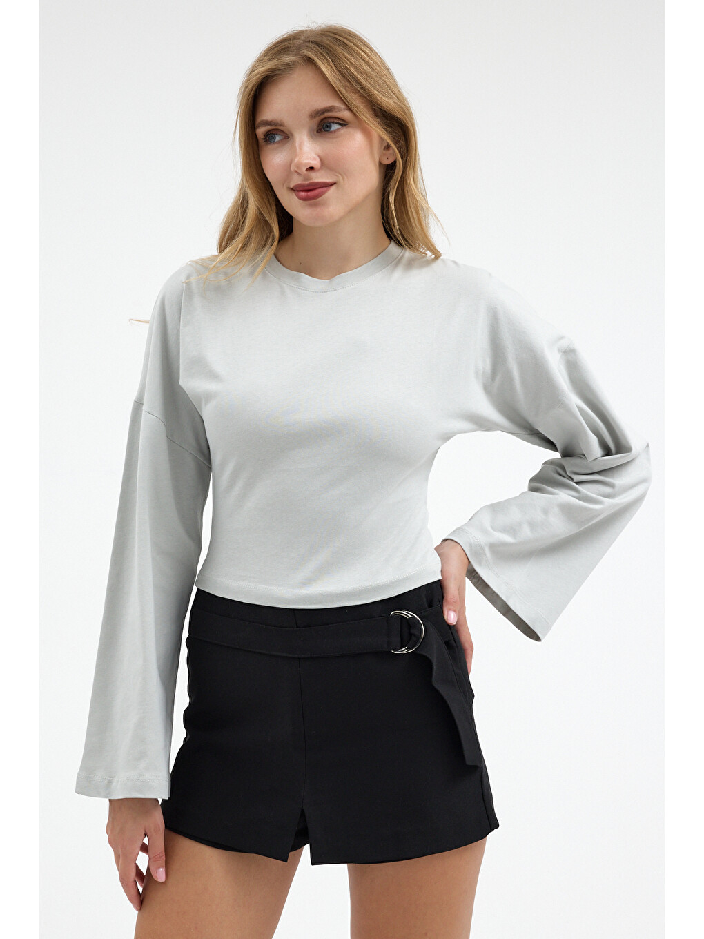 Kadın Basic Geniş Kol Gri Crop Bluz