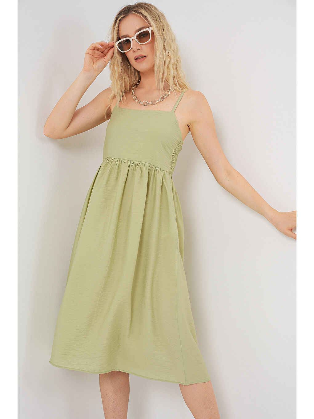 Kadın Askılı Ayrobin Elbise 2565 - E.Yeşil-3