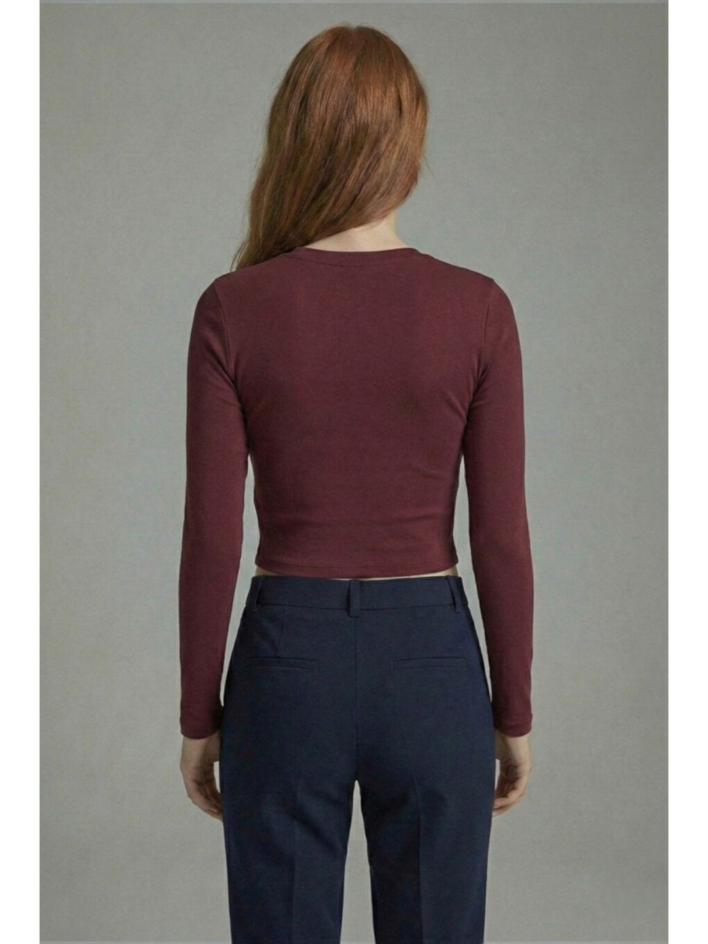 Bordo Premium Yumuşak Dokulu Esnek Örme Bisiklet Yaka Crop Bluz-3