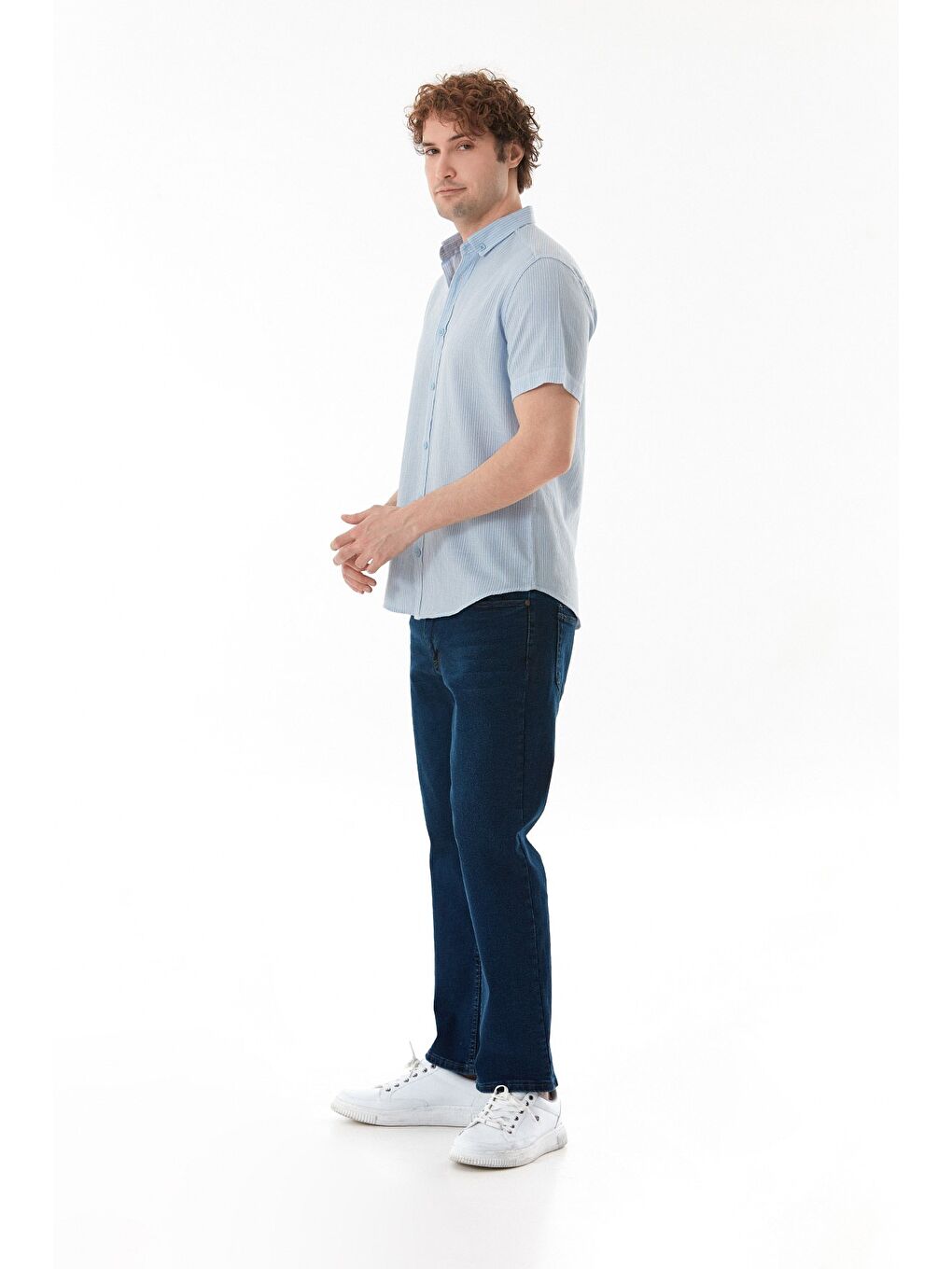 Mavi Çizgili Düğmeli Kısa Kollu Gömlek-4