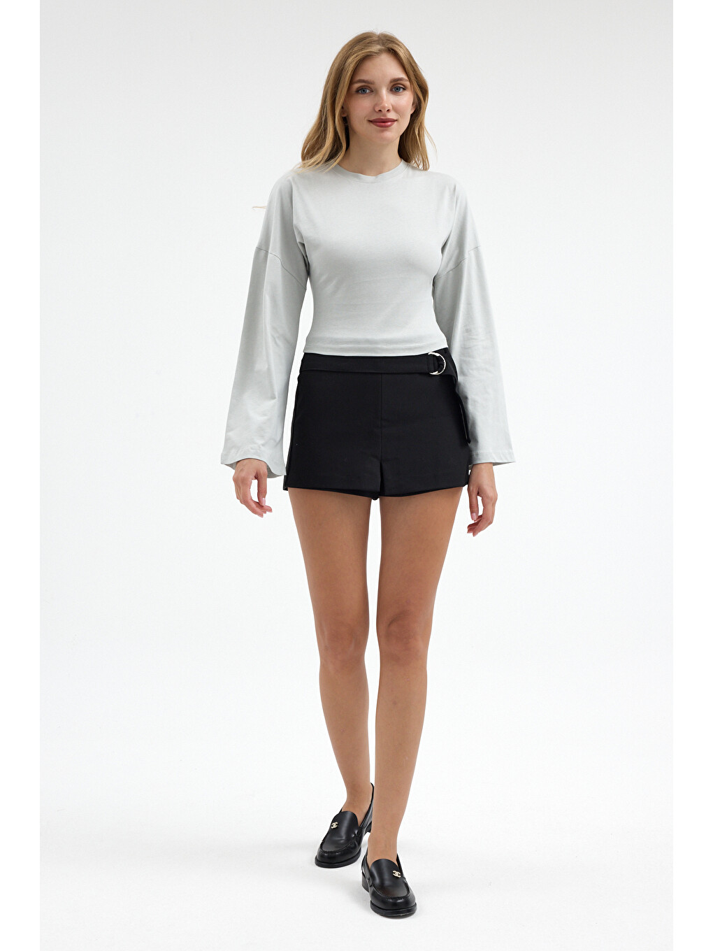 Kadın Basic Geniş Kol Gri Crop Bluz-1