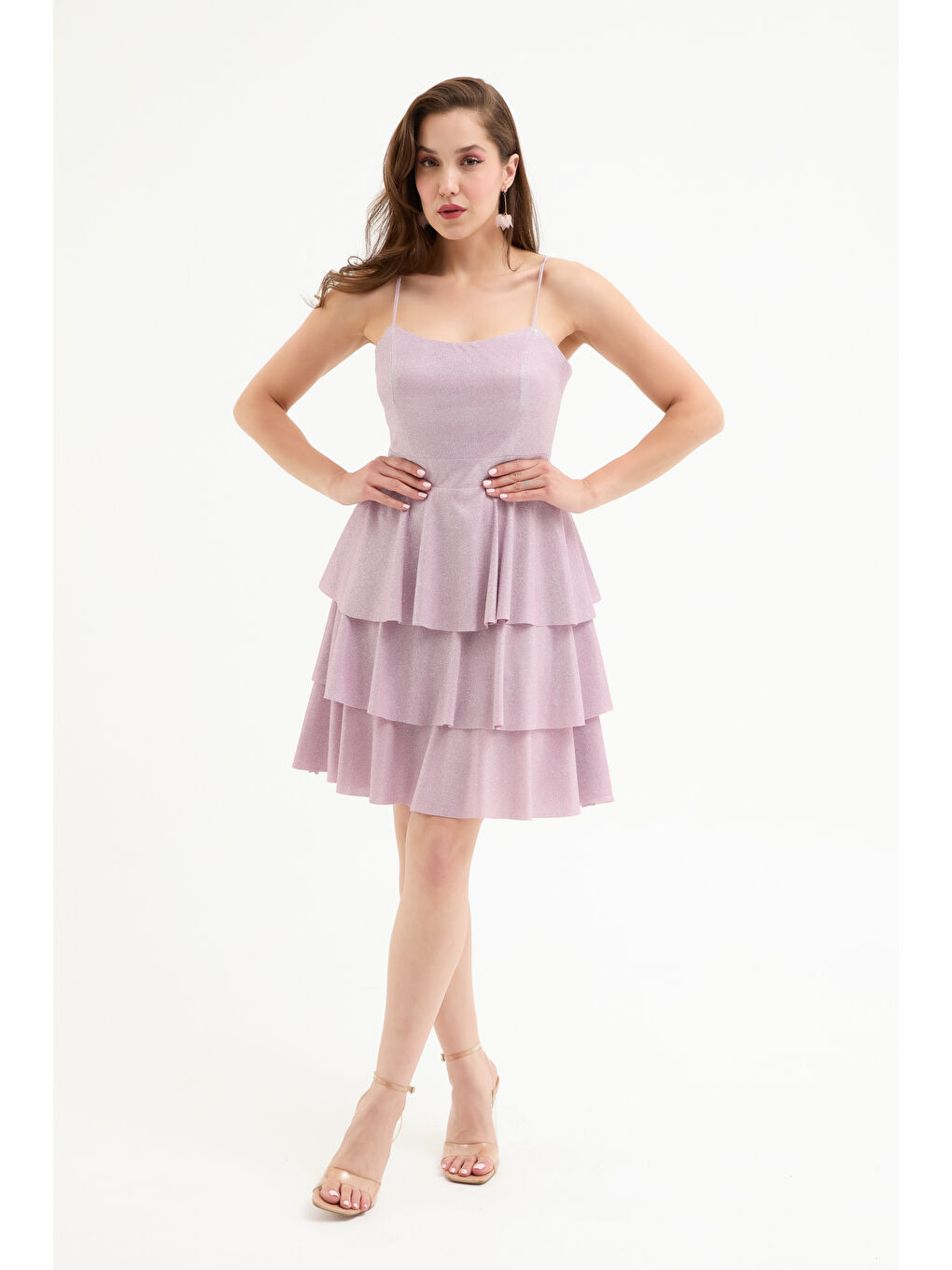 Pembe Kadın Pudra İnce Askılı Sırt Dekolteli Simli Mini Mezuniyet Elbisesi-1