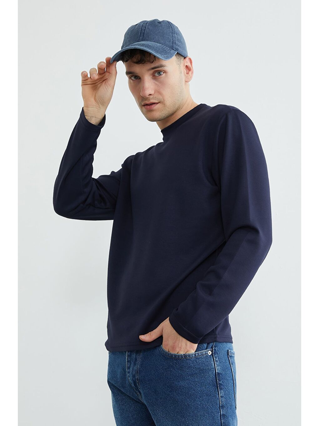 Lacivert Basic Bisiklet Yaka Modal Sweatshirt