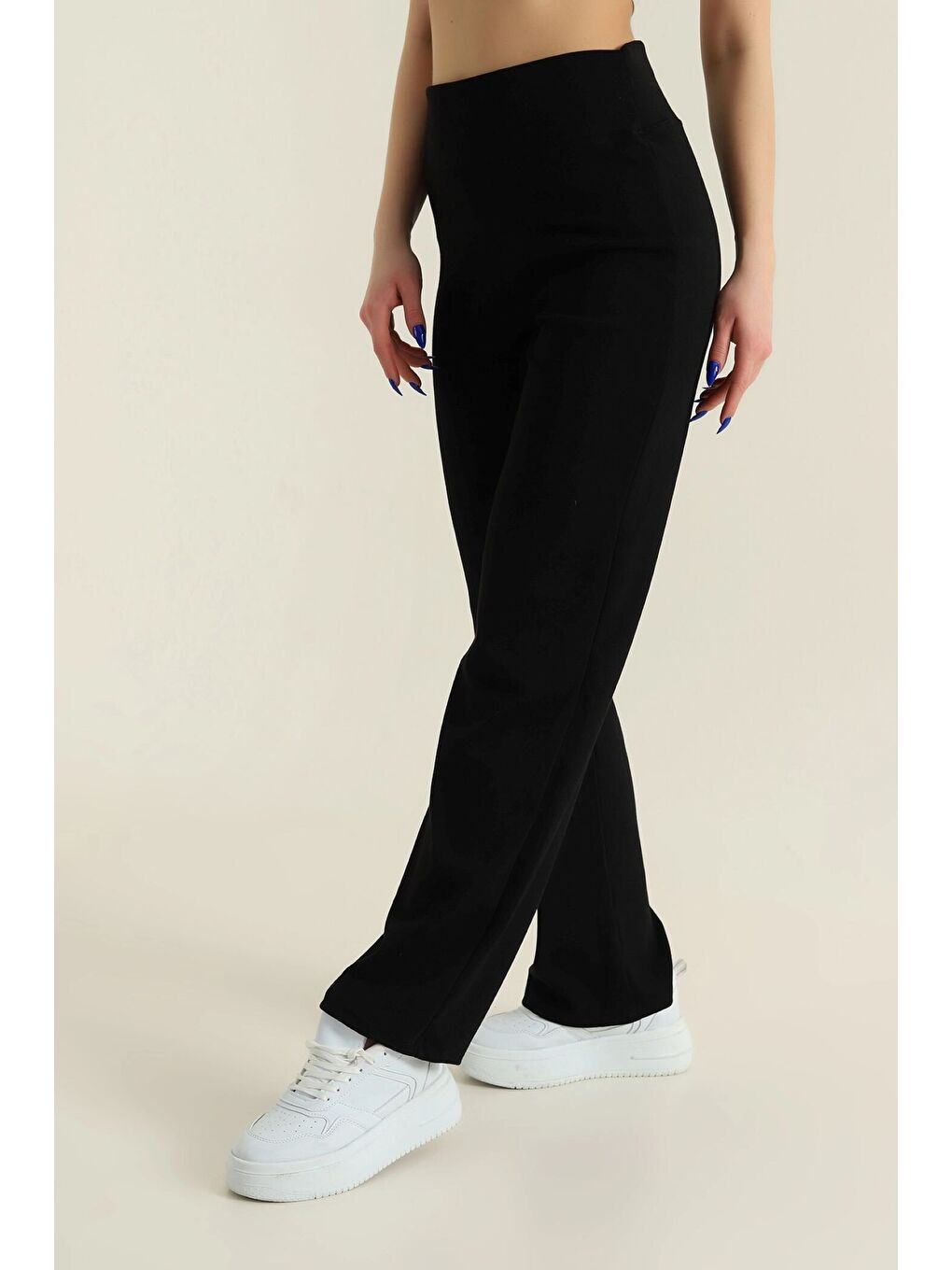 Siyah Kadın Ekstra Yüksek Bel Toparlayıcı Düz Paça Ribana Kumaş Esnek Spor Rahat Günlük Tayt-2