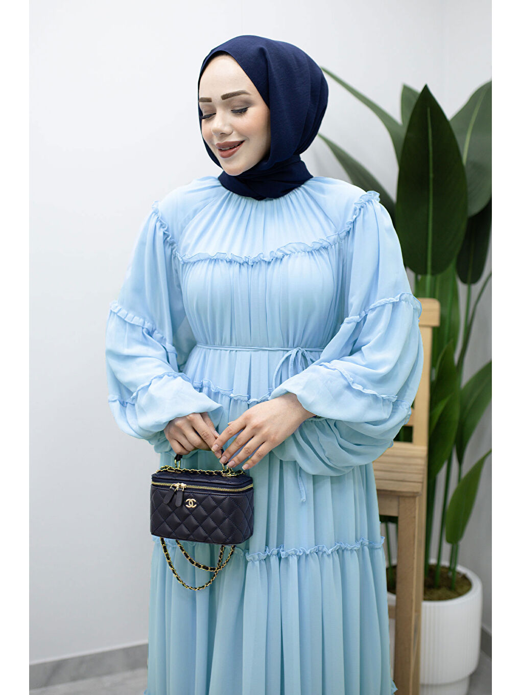 Beli Bağlamalı Fırfırlı Şifon Elbise TSD260142 Bebe Mavisi-1