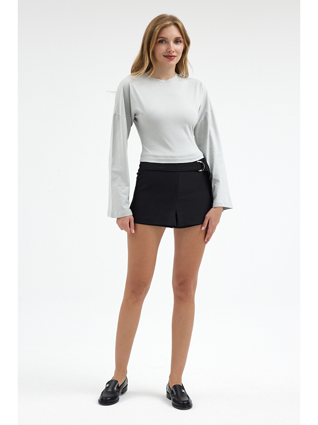 Kadın Basic Geniş Kol Gri Crop Bluz-5