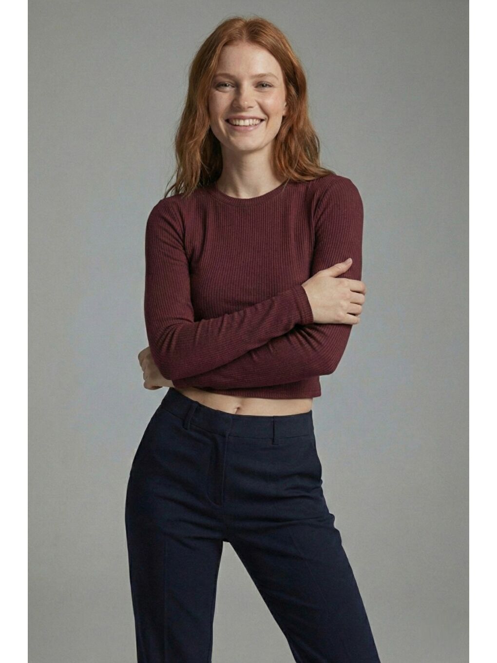 Bordo Premium Yumuşak Dokulu Esnek Örme Bisiklet Yaka Crop Bluz-4