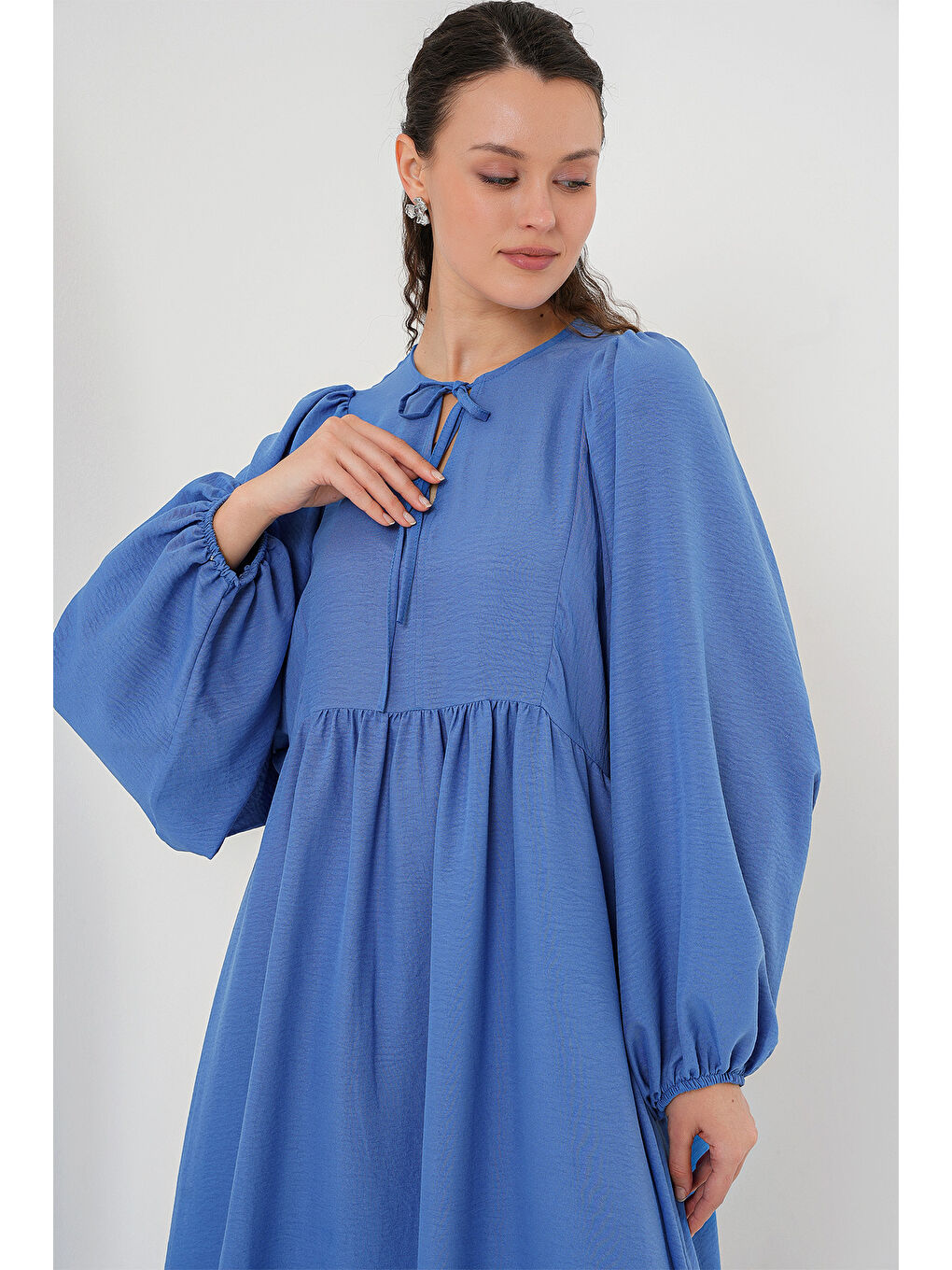 Kadın Balon Kol Uzun Tesettür Elbise 2464 - İndigo-1