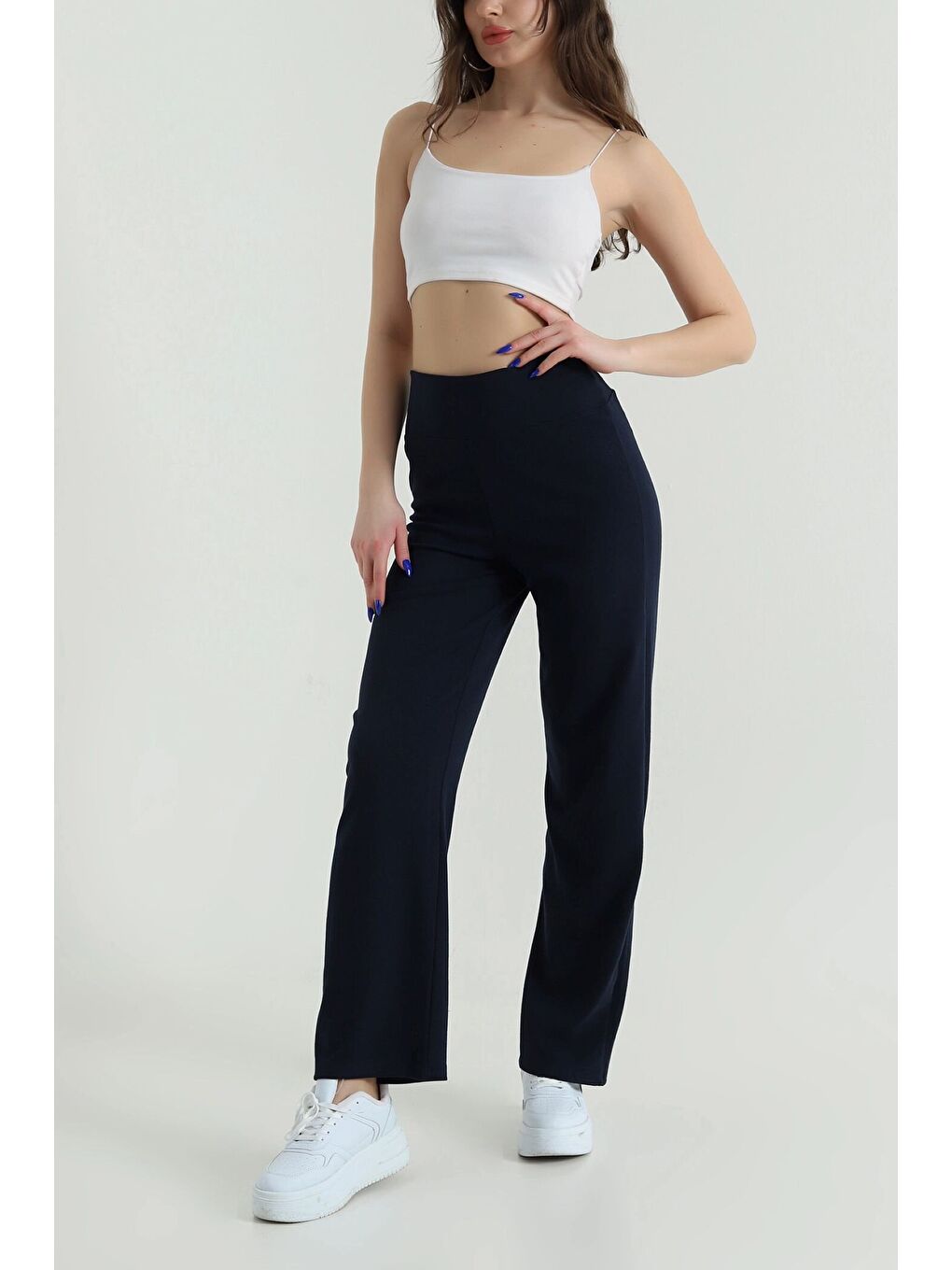 Lacivert Kadın Ekstra Yüksek Bel Toparlayıcı Düz Paça Ribana Kumaş Esnek Spor Rahat Günlük Tayt