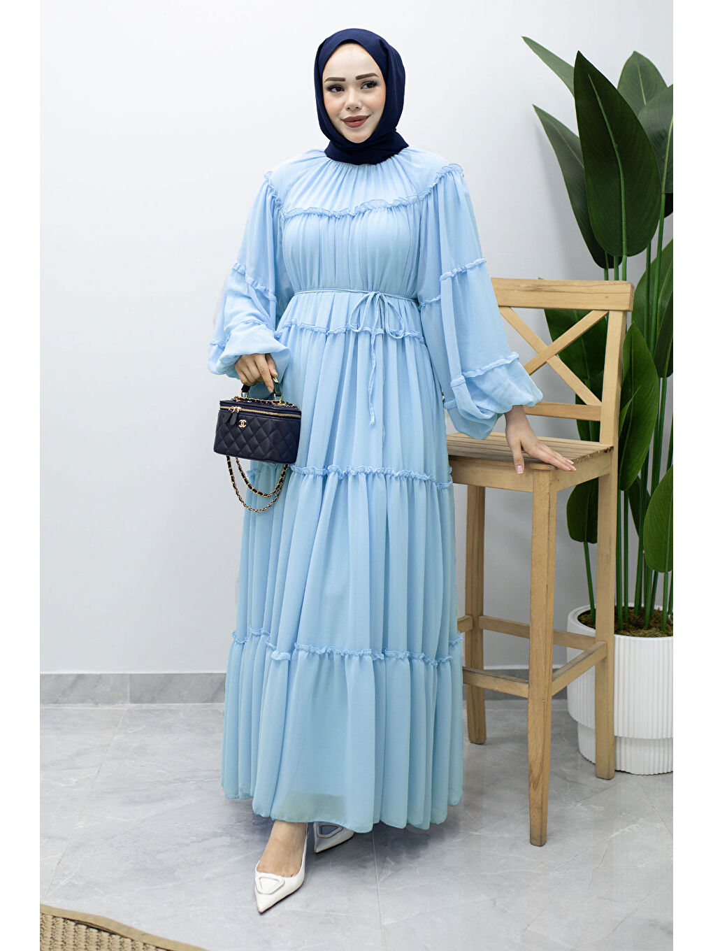 Beli Bağlamalı Fırfırlı Şifon Elbise TSD260142 Bebe Mavisi-2