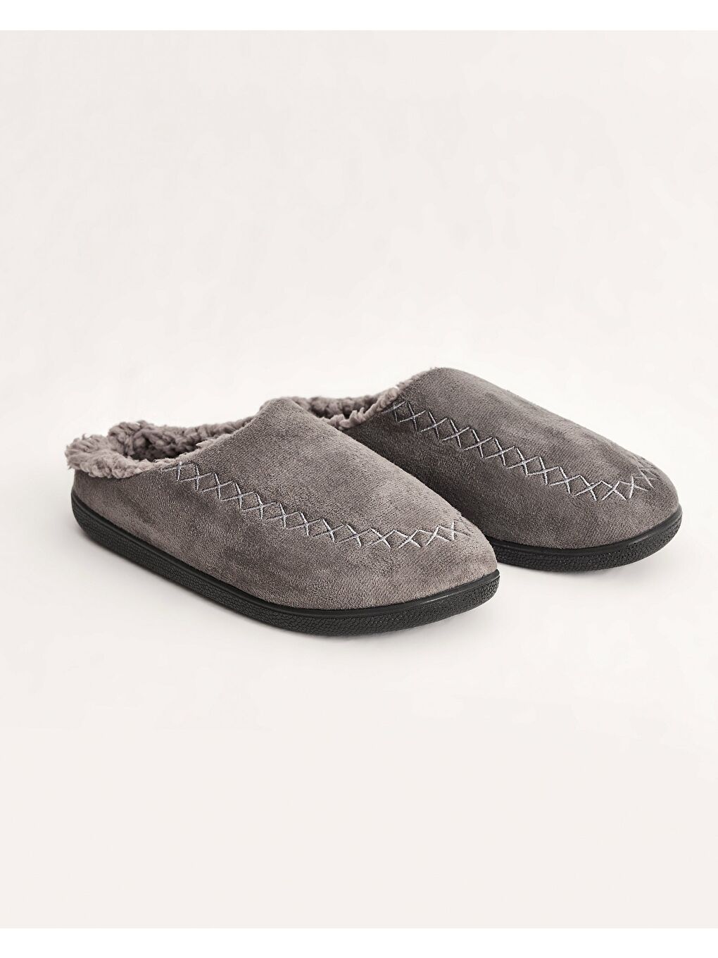 Gri Erkek Kışlık Nakış Detaylı Süet Ev İçi Ayakkabı - Michael