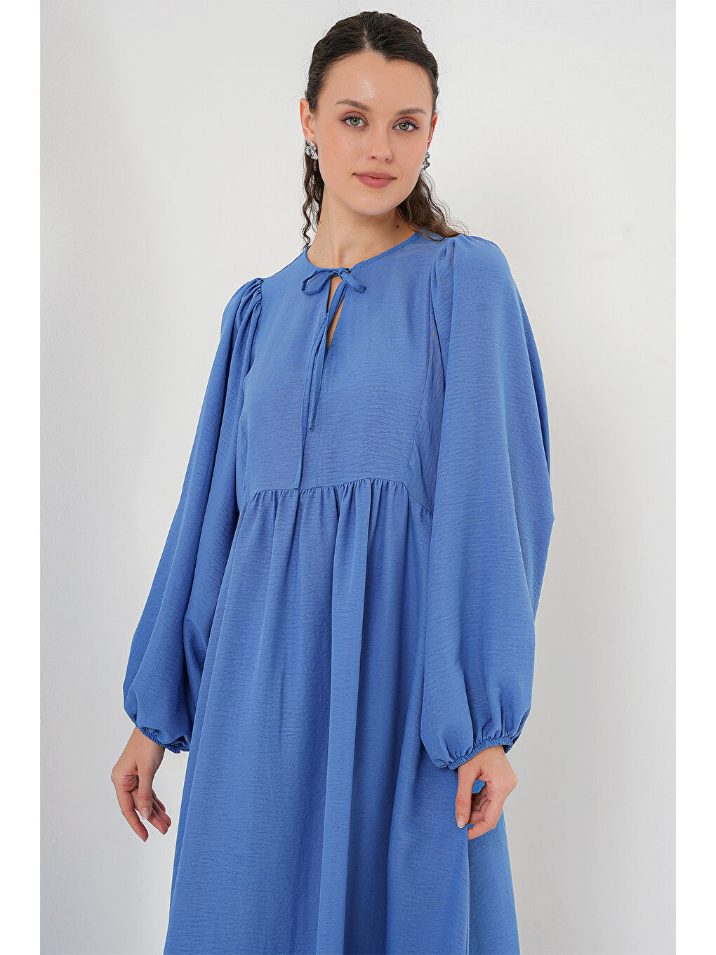 Kadın Balon Kol Uzun Tesettür Elbise 2464 - İndigo-3