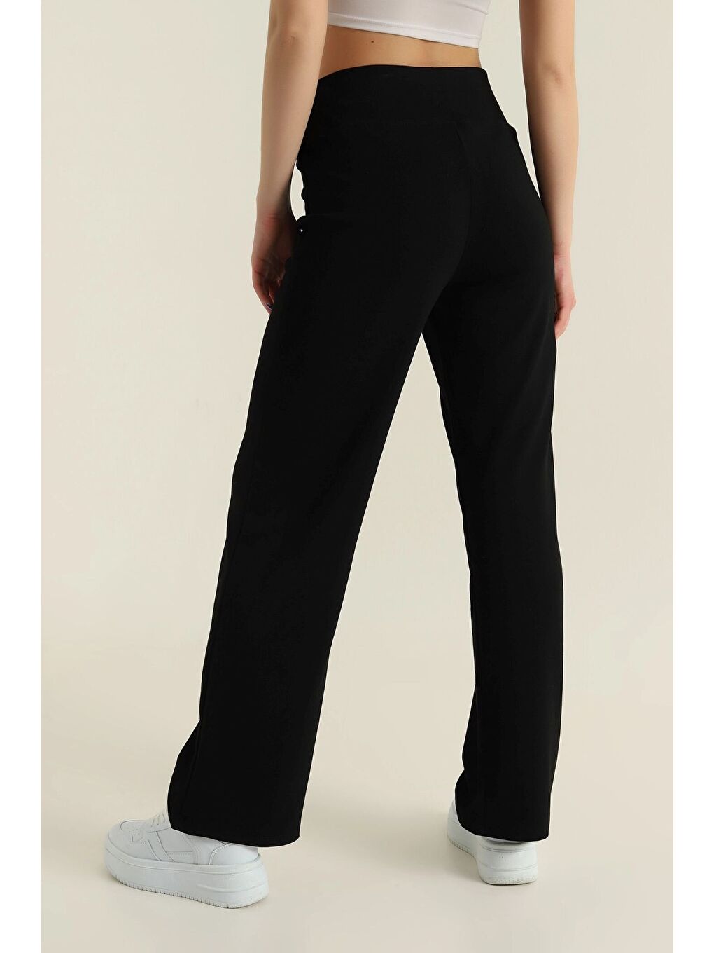 Siyah Kadın Ekstra Yüksek Bel Toparlayıcı Düz Paça Ribana Kumaş Esnek Spor Rahat Günlük Tayt-3