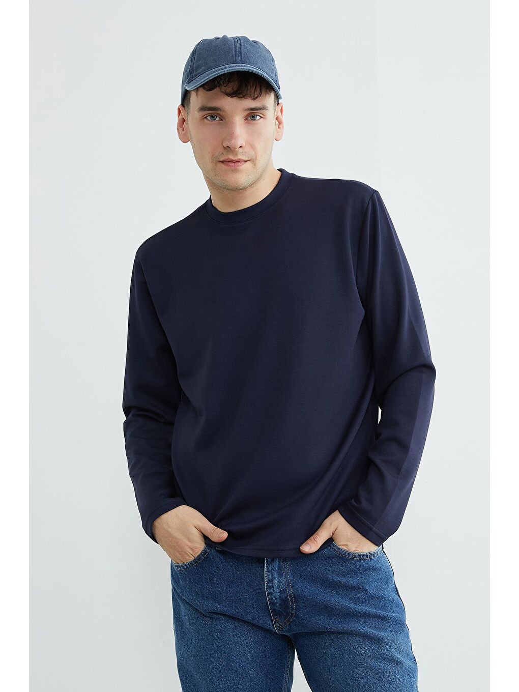 Lacivert Basic Bisiklet Yaka Modal Sweatshirt-1