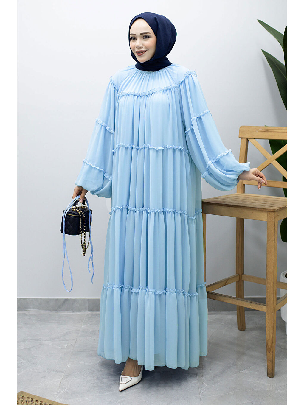 Beli Bağlamalı Fırfırlı Şifon Elbise TSD260142 Bebe Mavisi-4