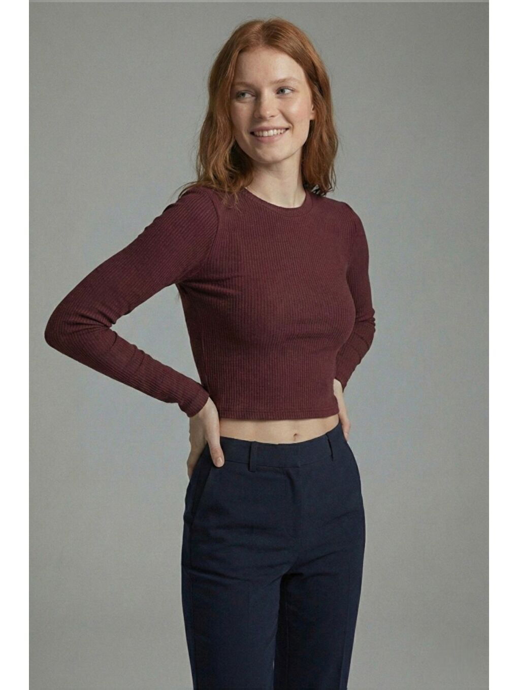 Bordo Premium Yumuşak Dokulu Esnek Örme Bisiklet Yaka Crop Bluz-5