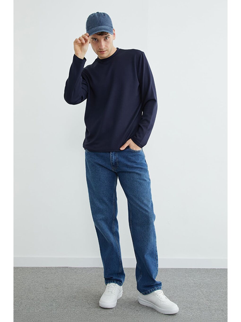 Lacivert Basic Bisiklet Yaka Modal Sweatshirt-2