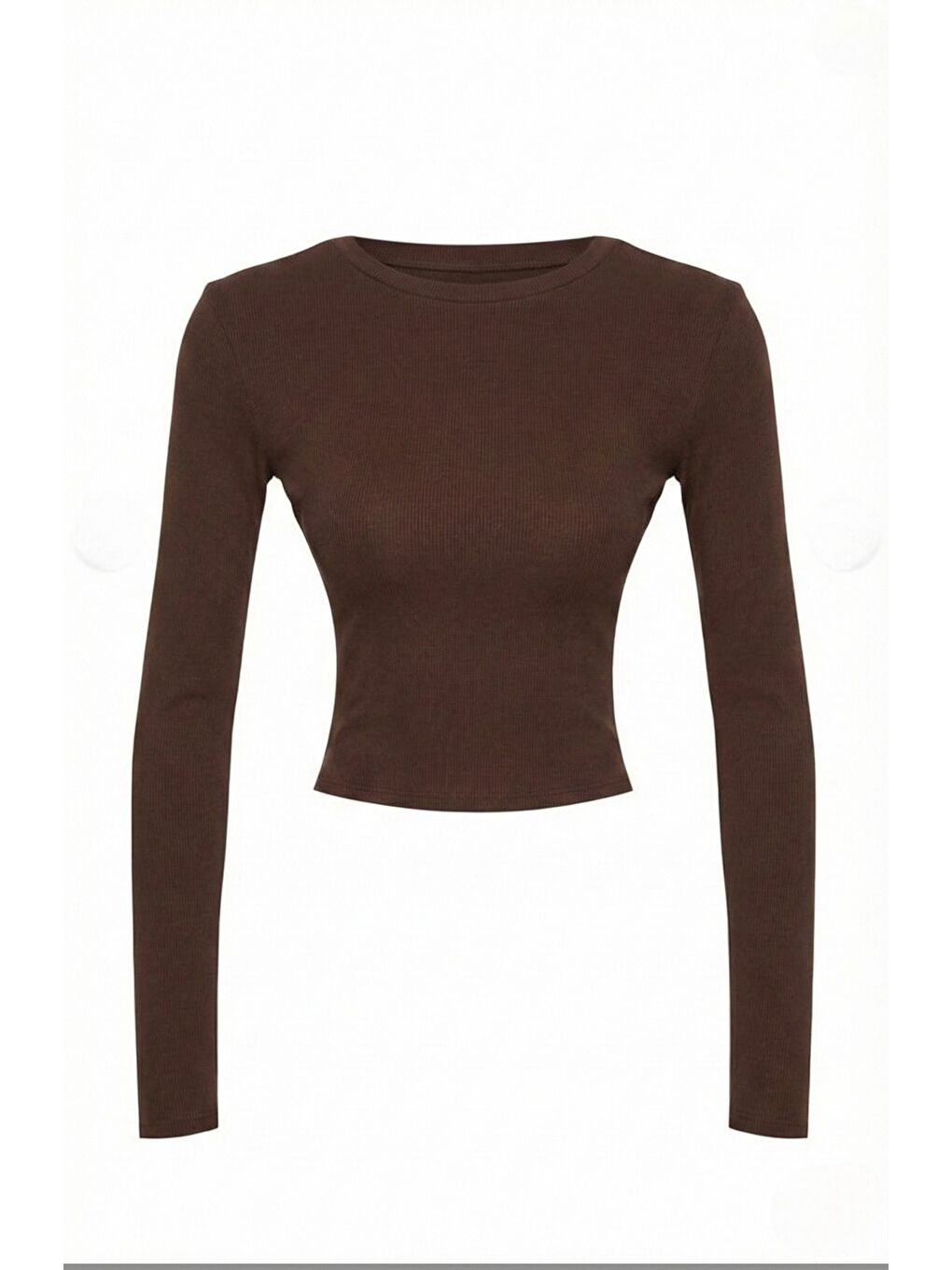 Kahverengi Premium Yumuşak Dokulu Esnek Örme Bisiklet Yaka Crop Bluz-1