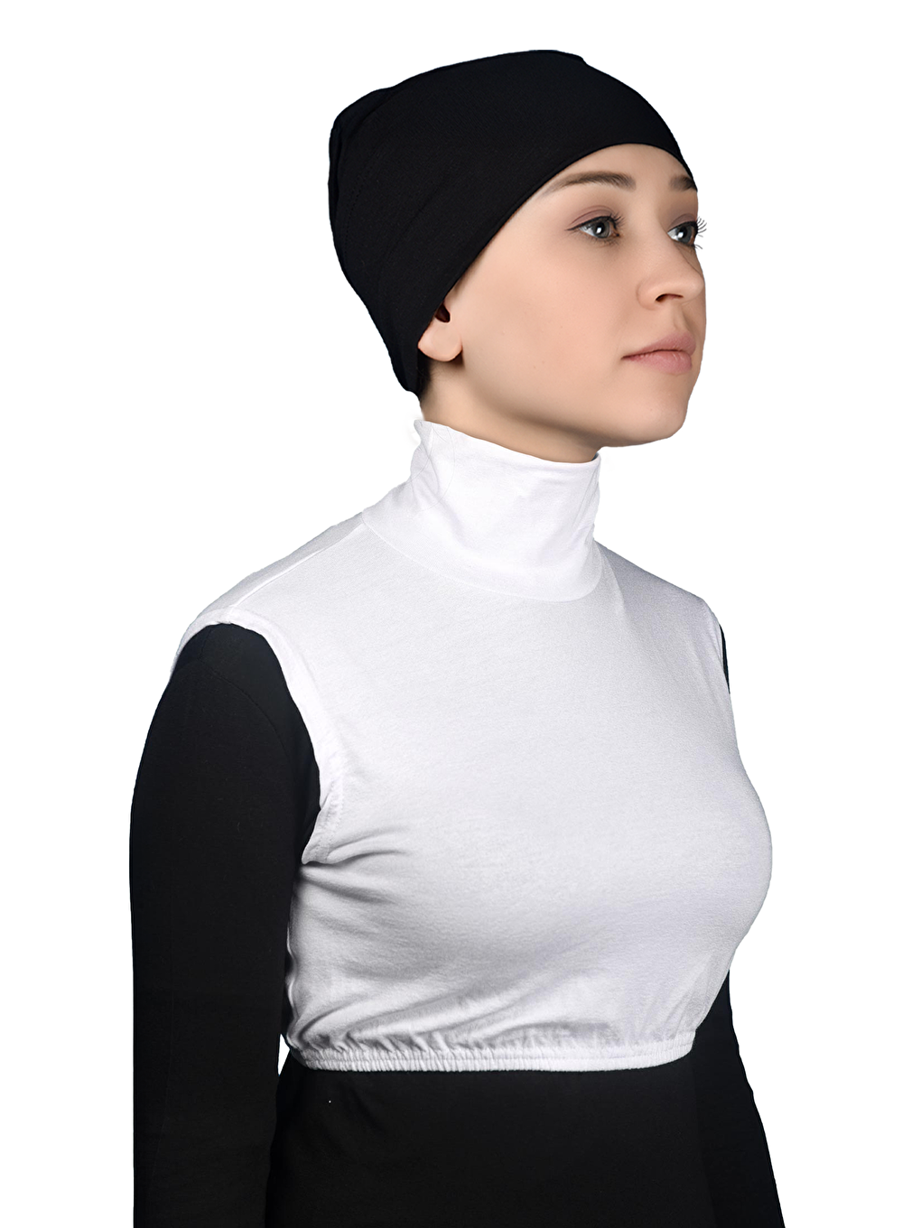 Beyaz Sıfır Kol Balıkçı Yaka Tam Boğazlı Elastanlı Penye Kadın Yarım Body