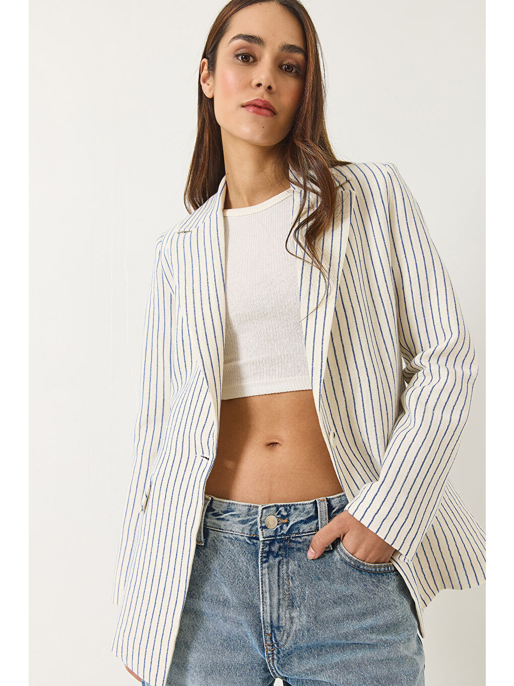 Ekru Kadın Çizgili Uzun Kollu Keten Karışımlı Astarlı Blazer Ceket
