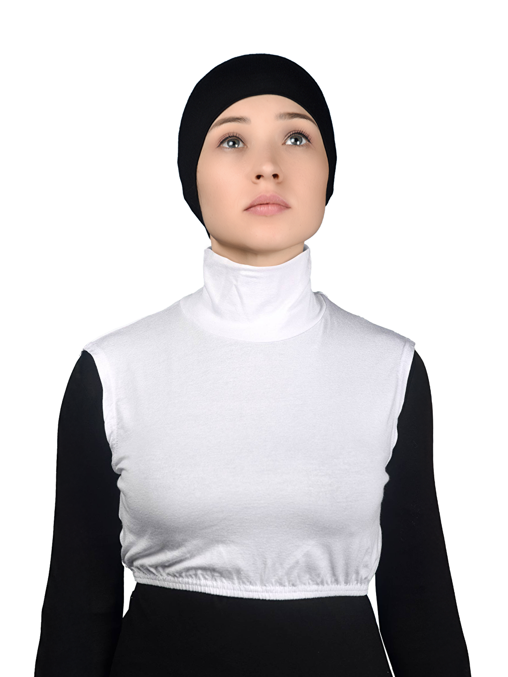 Beyaz Sıfır Kol Balıkçı Yaka Tam Boğazlı Elastanlı Penye Kadın Yarım Body-1