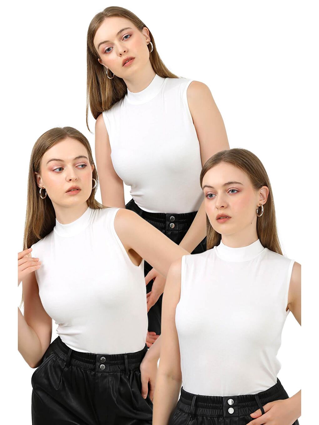 Beyaz Kadın 3'Lü Kolsuz Body