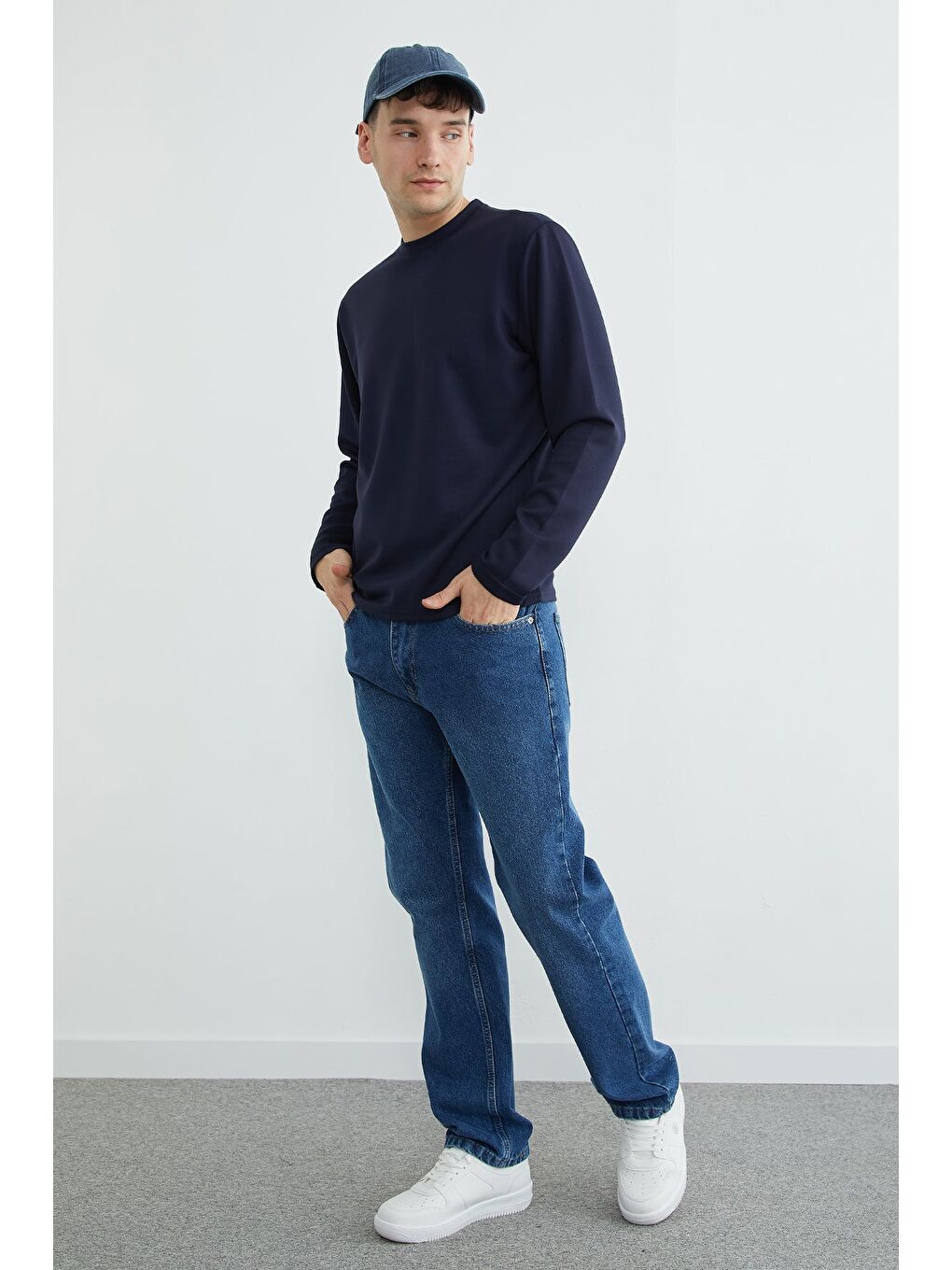 Lacivert Basic Bisiklet Yaka Modal Sweatshirt-3