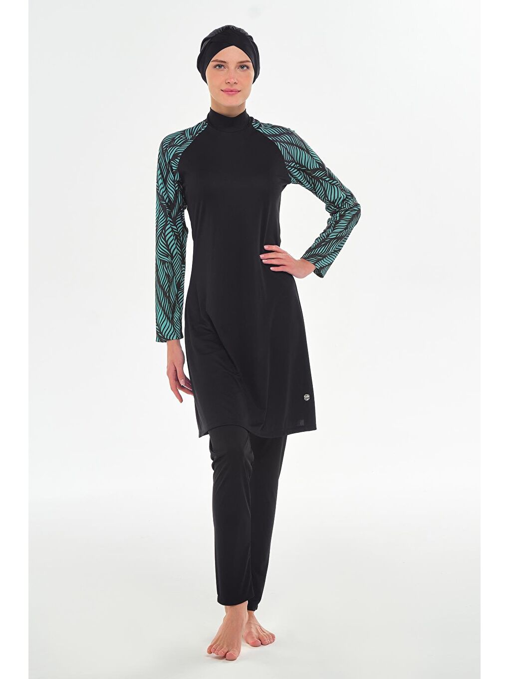 Uzun Kol Desenli Tesettür Mayo | Siyah 253120-1