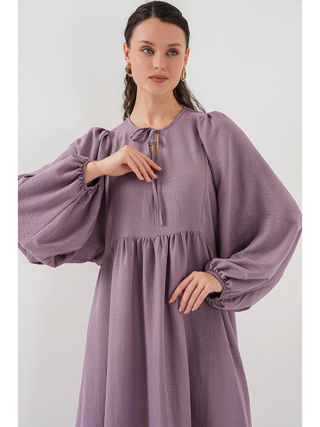 Kadın Balon Kol Uzun Tesettür Elbise 2464 - Koyu Lila-2