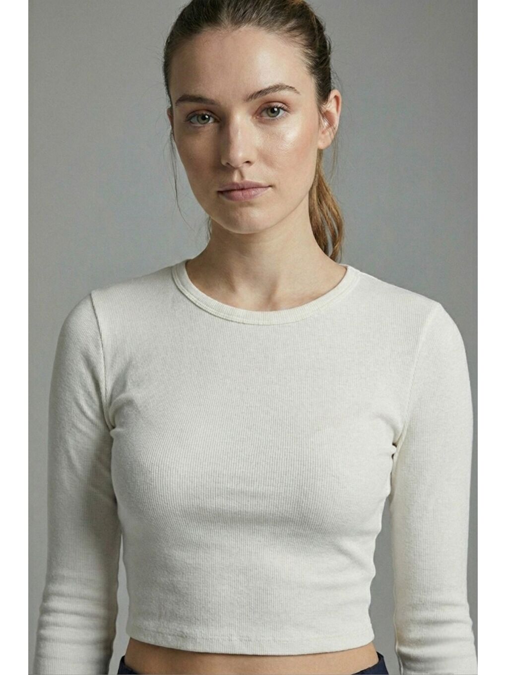 Ekru Premium Yumuşak Dokulu Esnek Örme Bisiklet Yaka Crop Bluz-4