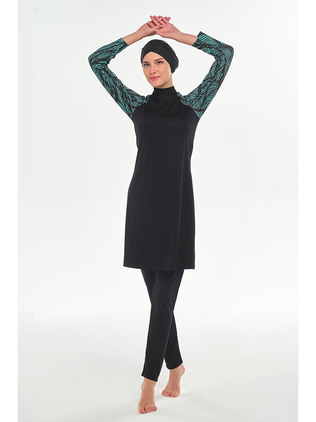 Uzun Kol Desenli Tesettür Mayo | Siyah 253120-3