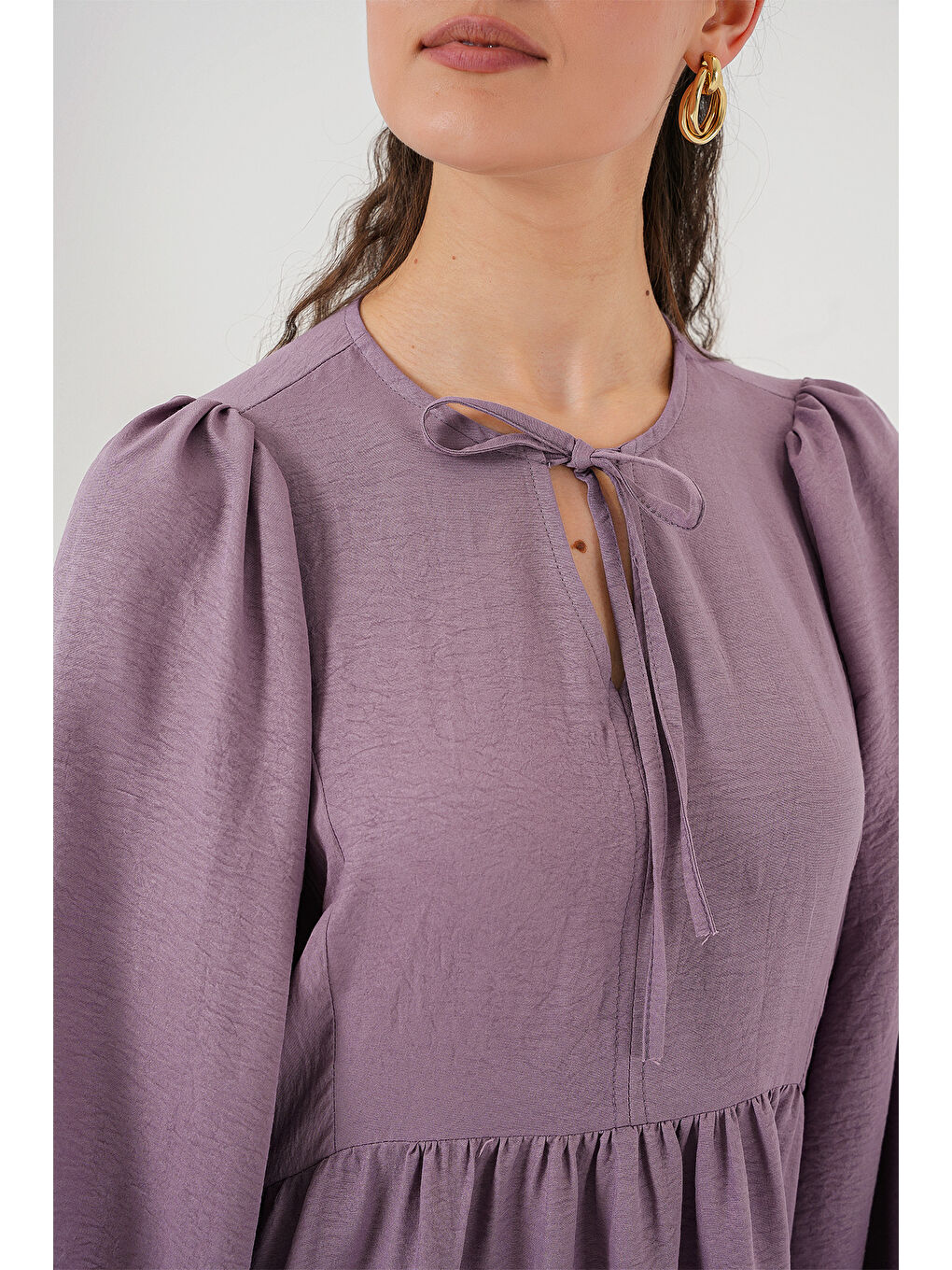 Kadın Balon Kol Uzun Tesettür Elbise 2464 - Koyu Lila-4