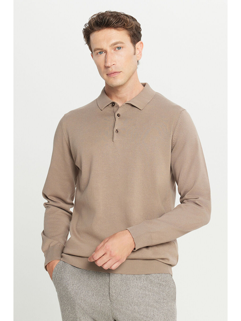 Bej Erkek Vizon Pamuklu Standart Fit Normal Kesim Polo Yaka Triko Kazak