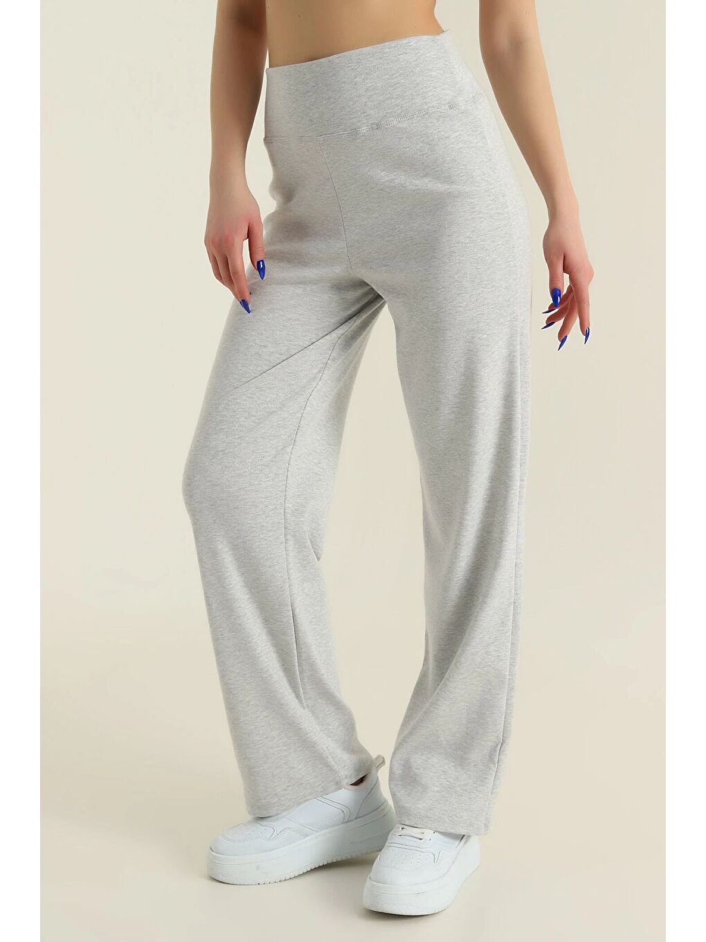 Gri Kadın Ekstra Yüksek Bel Toparlayıcı Düz Paça Ribana Kumaş Esnek Spor Rahat Günlük Tayt