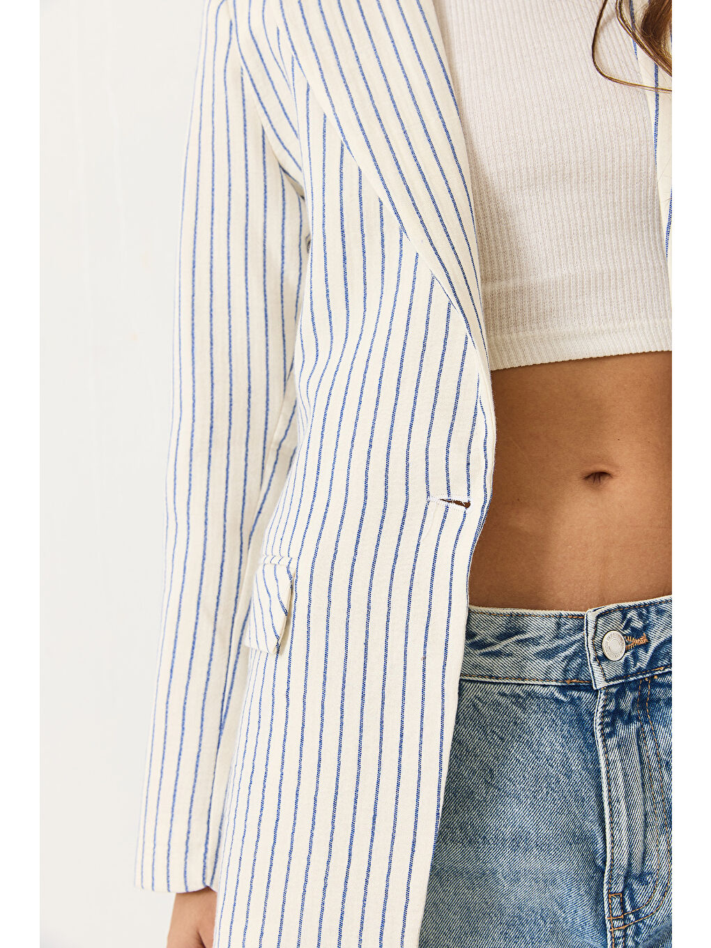 Ekru Kadın Çizgili Uzun Kollu Keten Karışımlı Astarlı Blazer Ceket-4