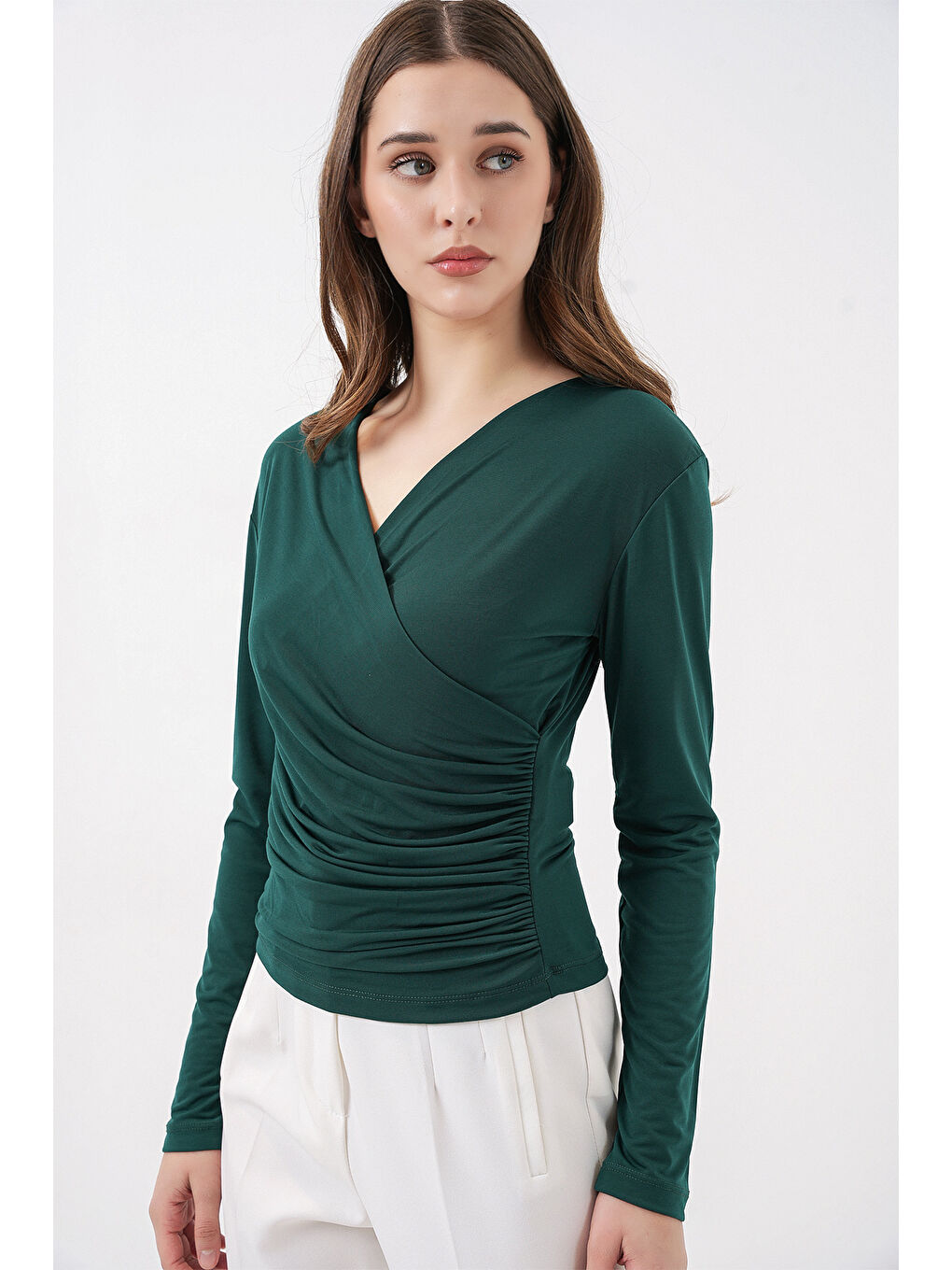 939 Anvelop Yaka Sandy Bluz - Zümrüt Yeşili-2