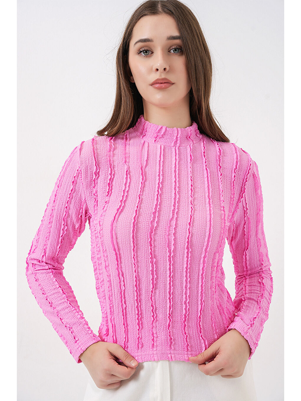 Kadın Dokulu Esnek Örme Bluz 975 - Pembe