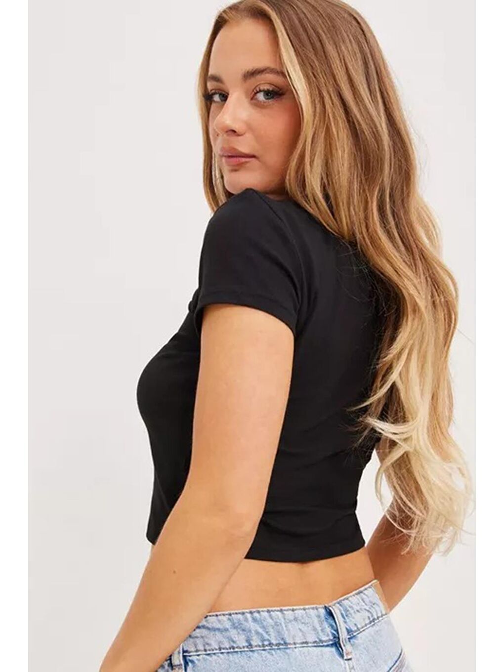 Siyah Basic Kadın Tişört / Vücuda Oturan Kesim Mg1681-5