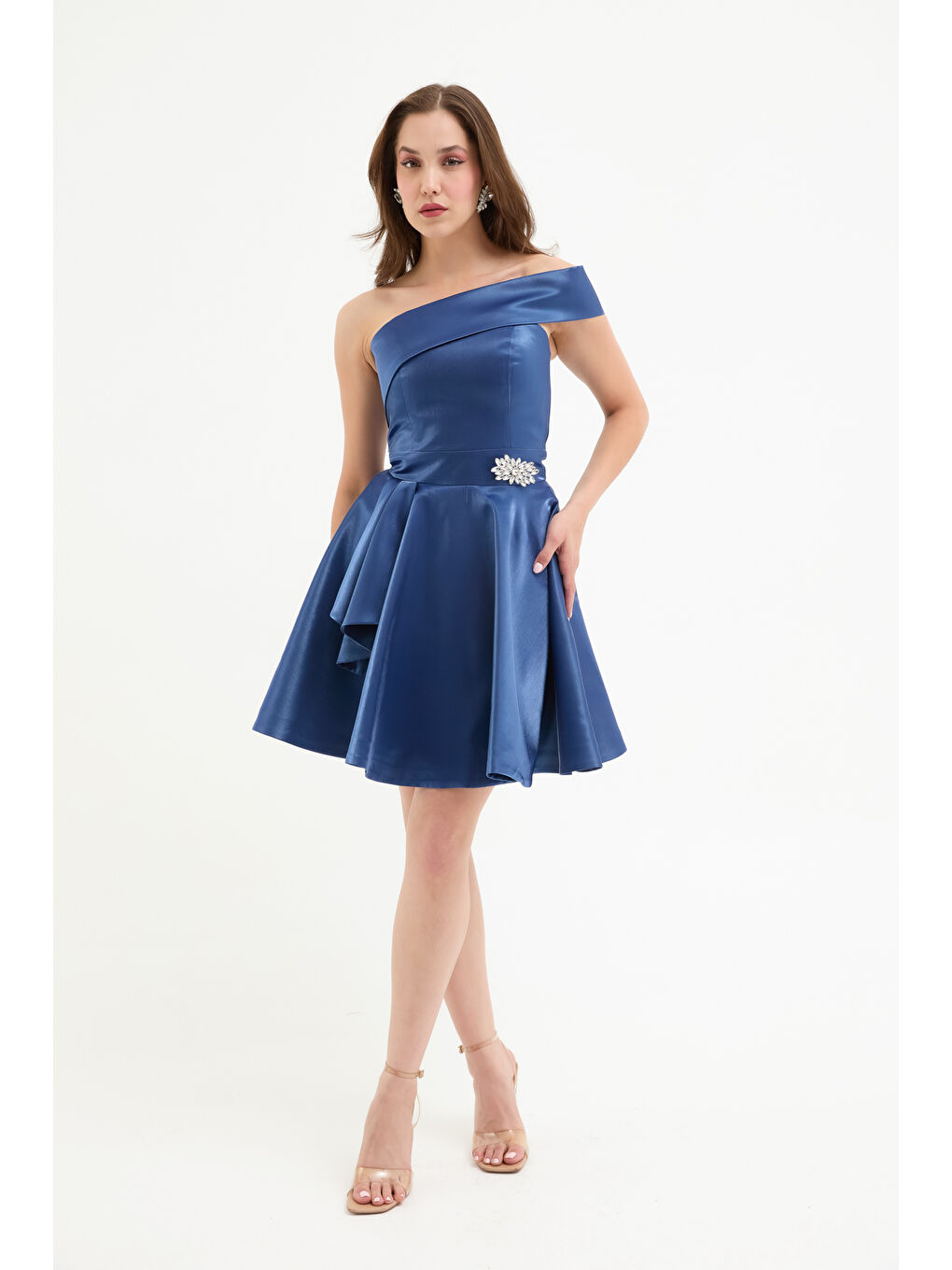 Kadın İndigo Yaka Detay Mini Mezuniyet Abiye Elbise