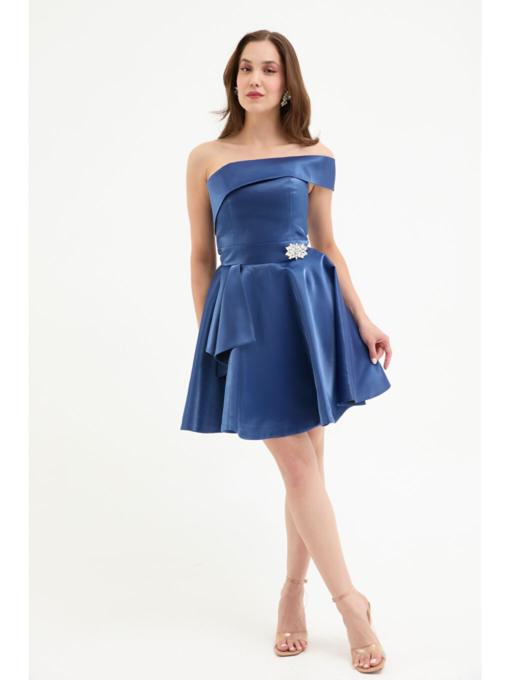 Kadın İndigo Yaka Detay Mini Mezuniyet Abiye Elbise-1