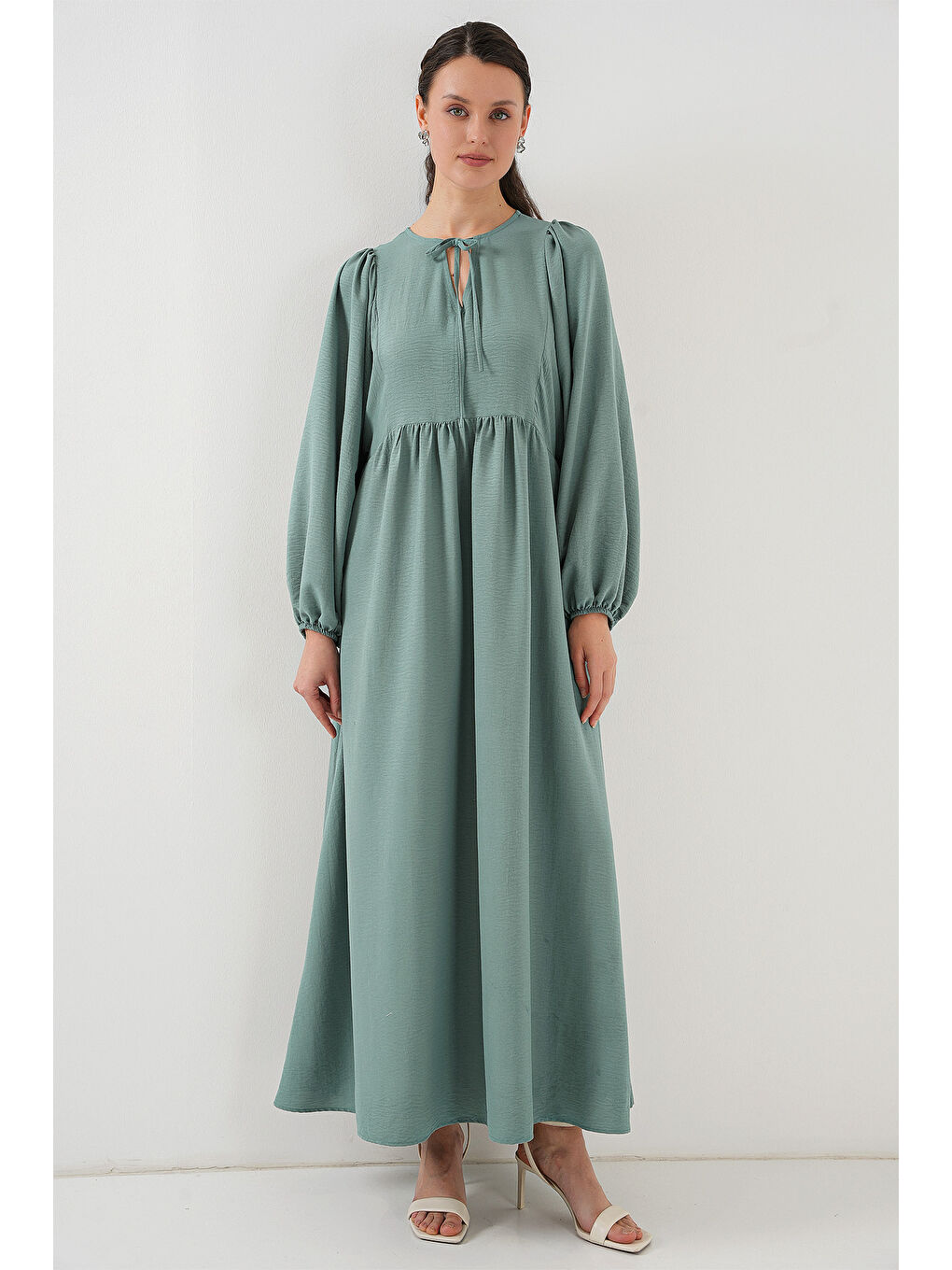 Yeşil Kadın Balon Kol Uzun Tesettür Elbise 2464 - Çağla-1