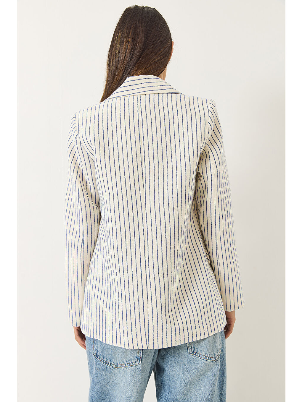 Ekru Kadın Çizgili Uzun Kollu Keten Karışımlı Astarlı Blazer Ceket-6