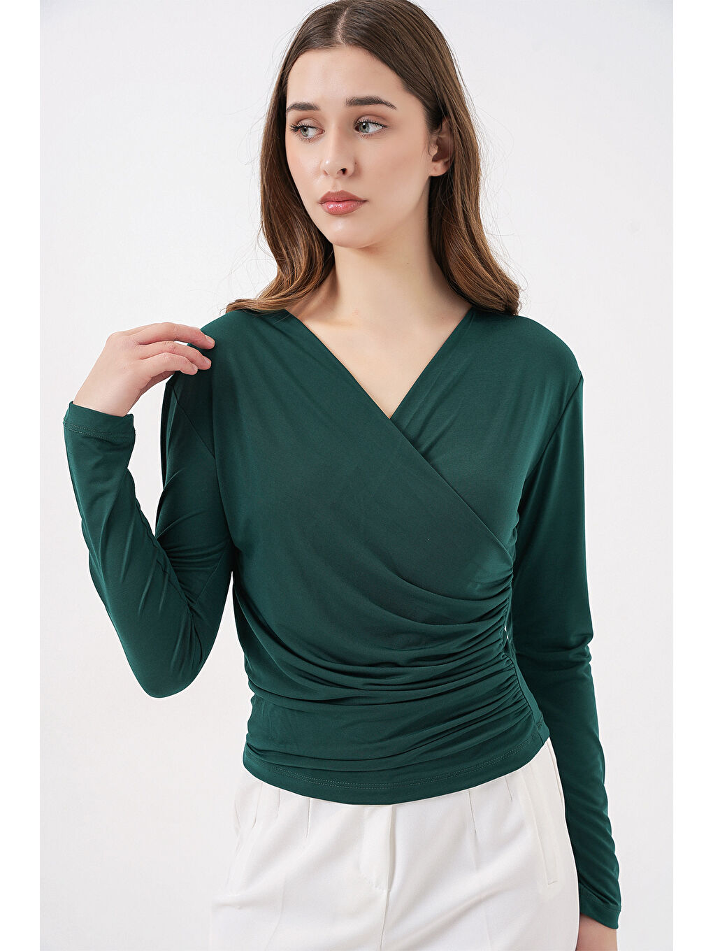 939 Anvelop Yaka Sandy Bluz - Zümrüt Yeşili-3